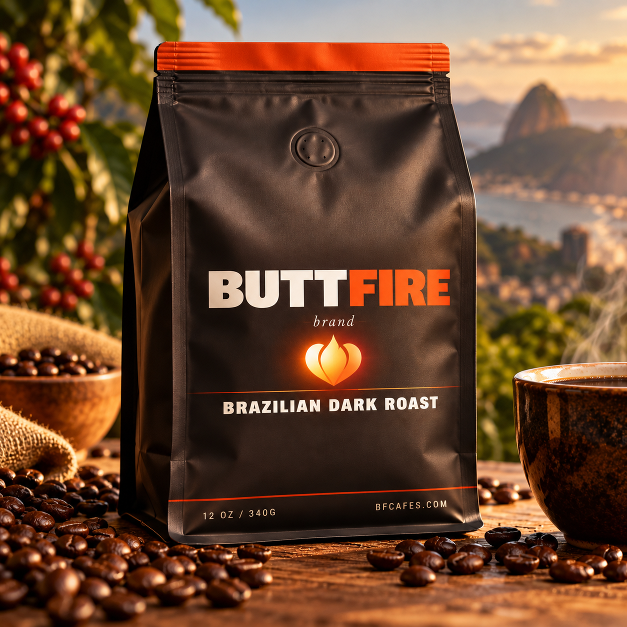 Brazilian Buttfire Roast — 12oz dark roast whole bean coffee bag