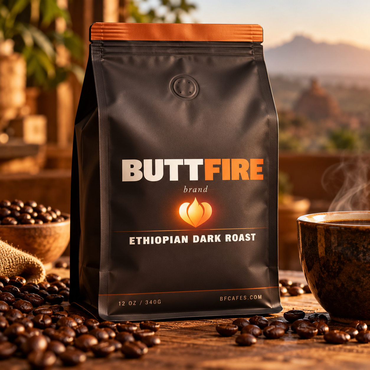 Ethiopian Buttfire Roast — 12oz dark roast whole bean coffee bag